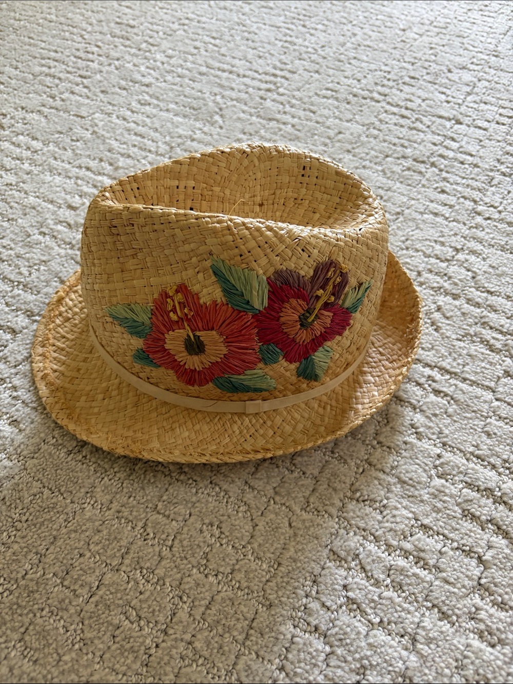 Straw Fedora Hat with Floral Embroidery - Accessories